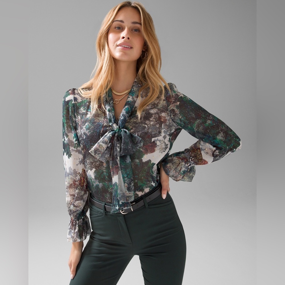 Whbm Tie Neck Blouse- Dreamscape